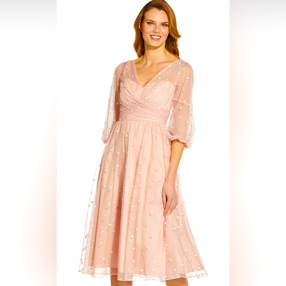 Adrianna Papell blush polka dot mesh midi dress size 2